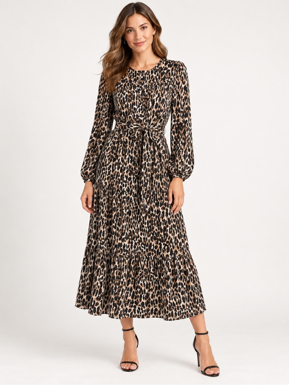 Banana Republic Leopard Print Long Sleeve Midi Dress - Brown & Black